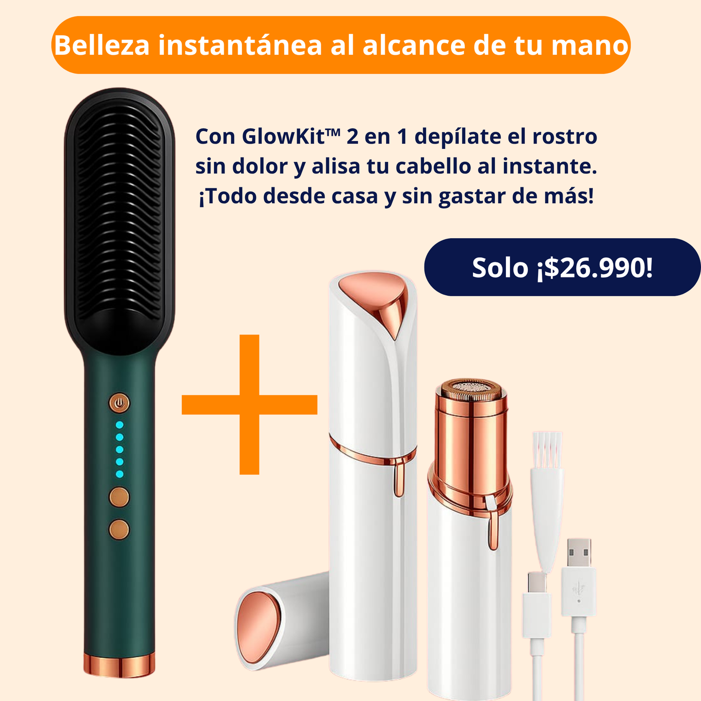 GlowKit™ 2 en 1 – Depiladora Facial + Cepillo Alisador